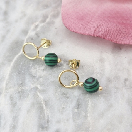 KOLCZYKI SREBRNE ZŁOCONE KAMIEŃ NATURALNY MALACHIT SREBRO 925